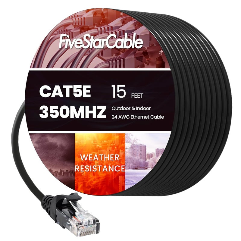 FiveStarCable Cat5e Ethernet Cable 15 Feet Black High-Speed Internet Network Cable, PoE, RJ45 Connector, Gigabit LAN Snagless Patch Cord for Router, Modem, PC, Gaming, Smart TV, PS5 - Image 1